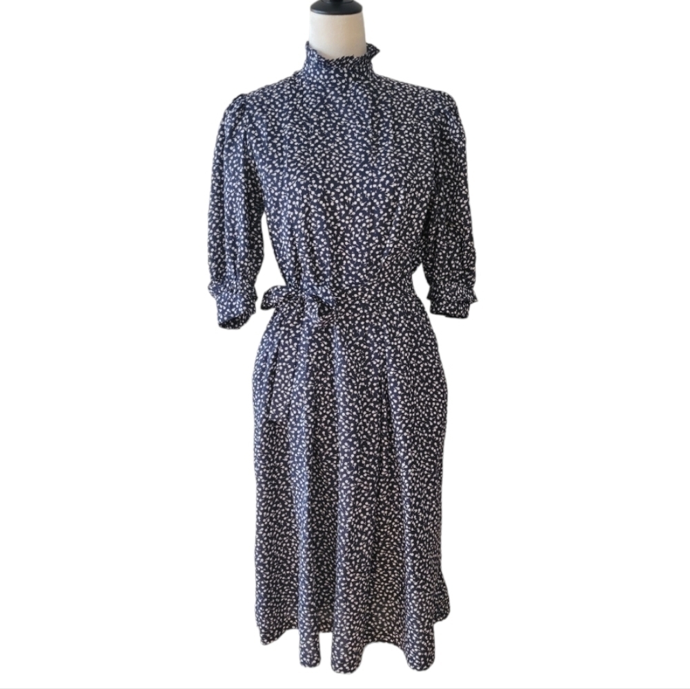 Vintage Talbots Dark Blue Sprigged Floral Prairie Midi Dress Size Medium